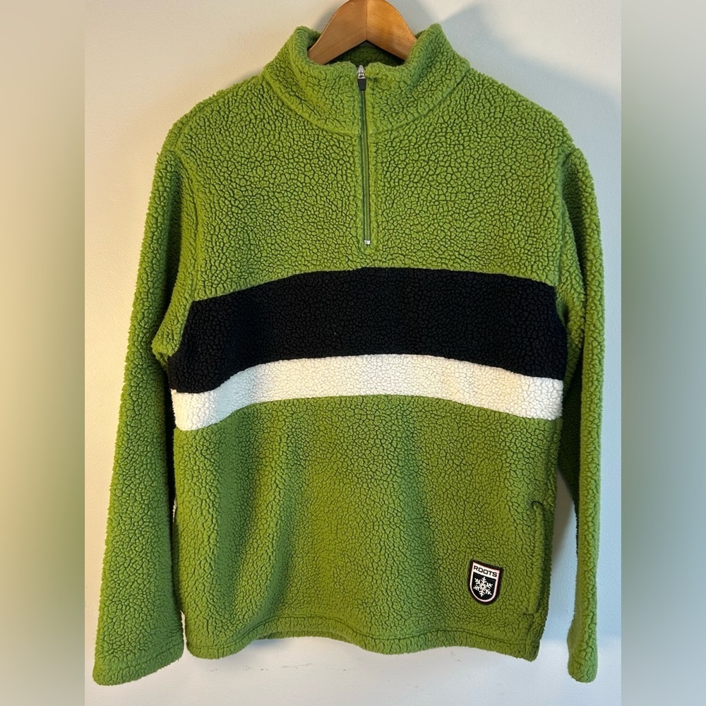 Roots Winter Edition Mens Green Fleece Sweater Size XS/Womens M 1/4 Zip Grinch